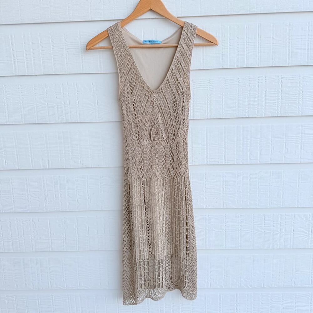 Antonio Melani Crochet Overlay Dress XS Beige Gold Sheath Midi Lined Boho